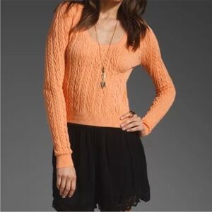 Free People Orange Cable Knit Cropped Sweater Cotton Wool Blend Womens Sz Small